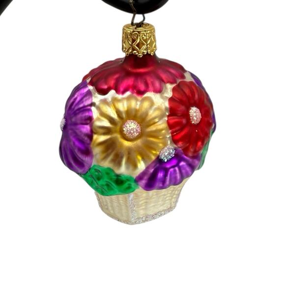 OWC Blown Glass Christmas Ornament Basket of Flowers Made in Germany VTG EUC - Picture 3 of 5